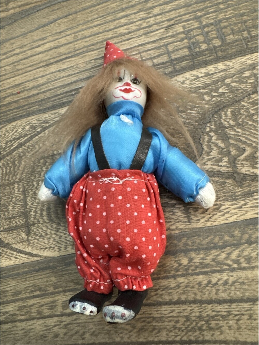 Vintage Miniature Clown Doll Red Polka Dot Blue Shirt Porcelain Head Soft Body